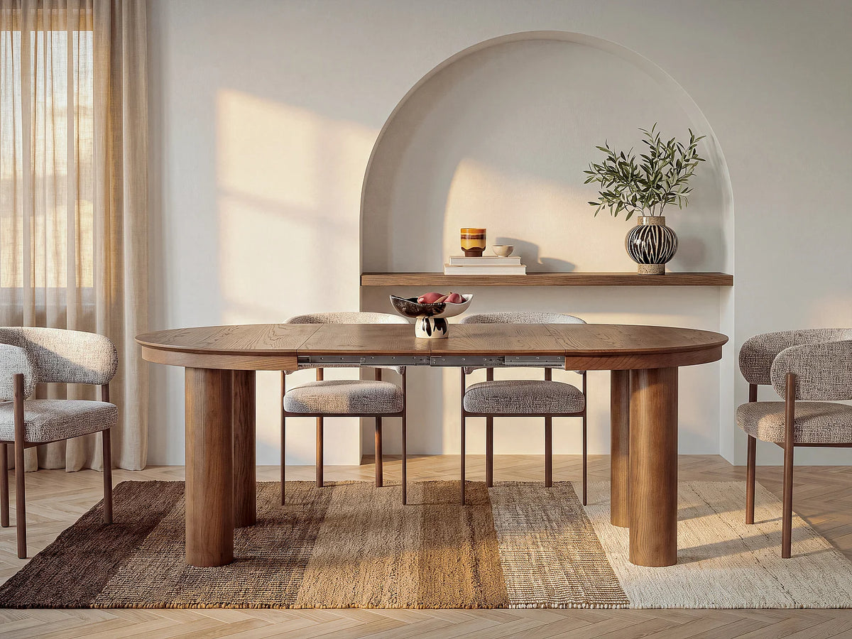 Table à manger ronde Japandi extensible 4 à 8 personnes placage chêne foncé Ø 120 cm - Elitaro