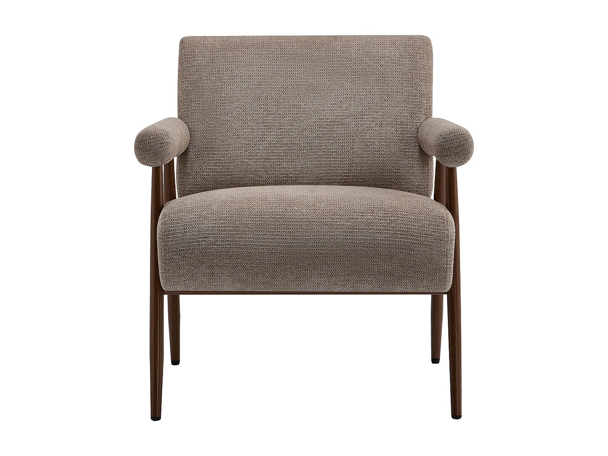 Fauteuil Japandi en tissu texturé taupe avec pieds effet bois - Mirosia