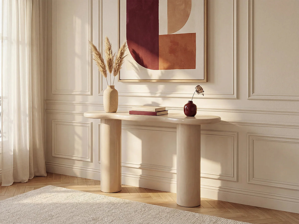 Console Japandi organique à pieds cylindriques en MDF laqué beige 120 x 76 cm - Noboka