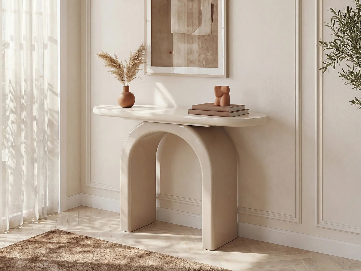 Console Japandi ovale à piètement arche en MDF laqué beige 120 x 80 cm - Tuzaka