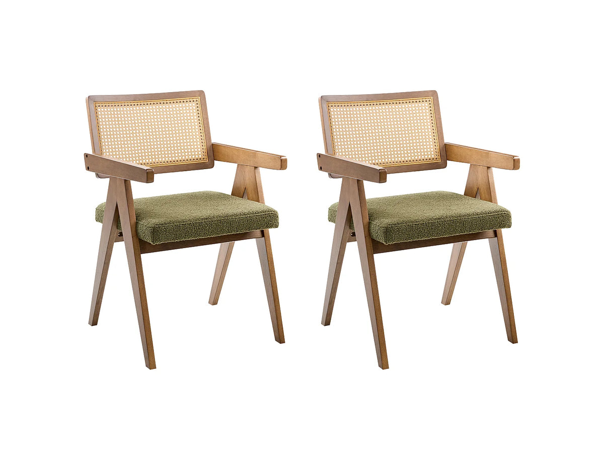 Lot de 2 chaises Japandi en bois marron foncé et tissu vert - Ava