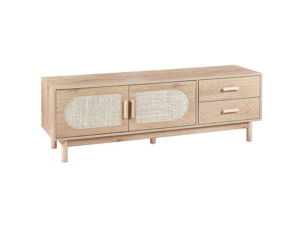 Meuble TV Japandi 2 portes et 2 tiroirs façades en rotin marron clair 150 x 50 cm - Costello
