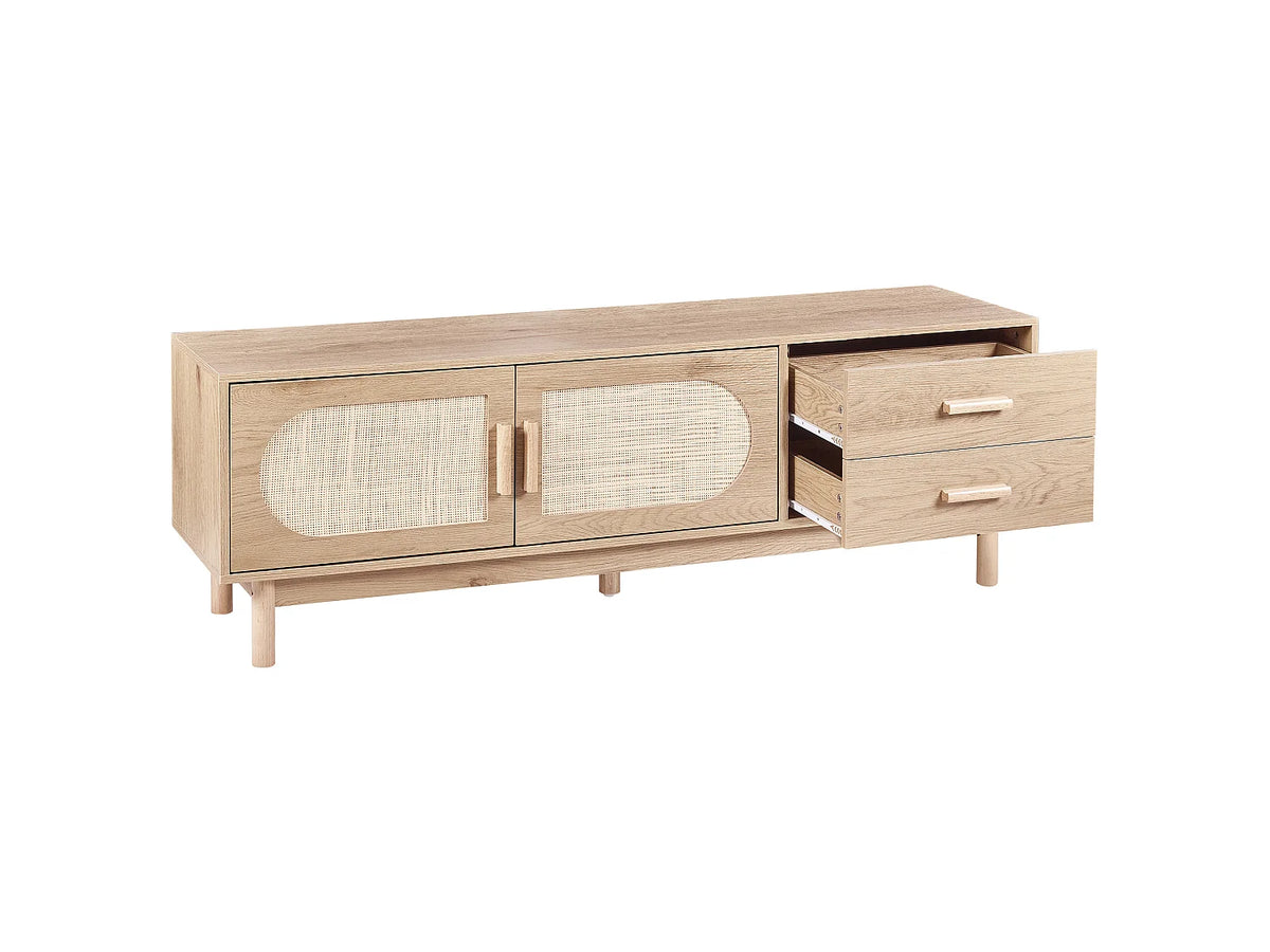 Meuble TV Japandi 2 portes et 2 tiroirs façades en rotin marron clair 150 x 50 cm - Costello
