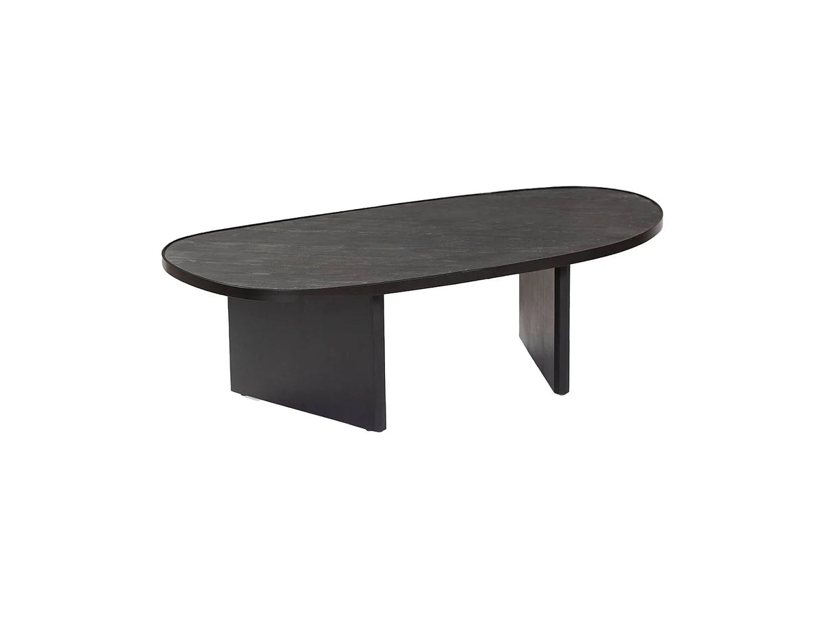 Table basse Japandi ovale en bois de manguier et placage pierre noire 119,5 x 60 cm