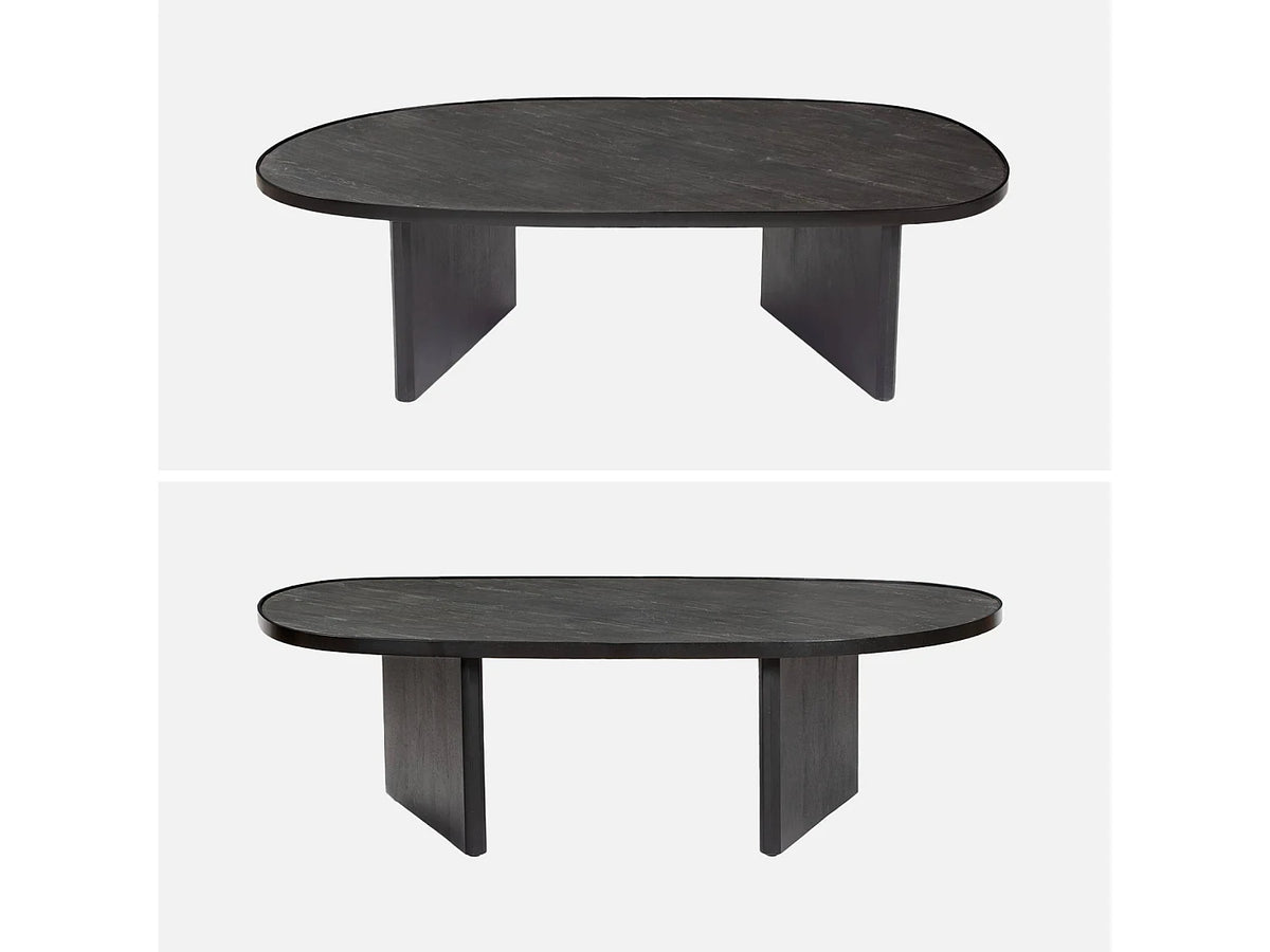 Table basse Japandi ovale en bois de manguier et placage pierre noire 119,5 x 60 cm