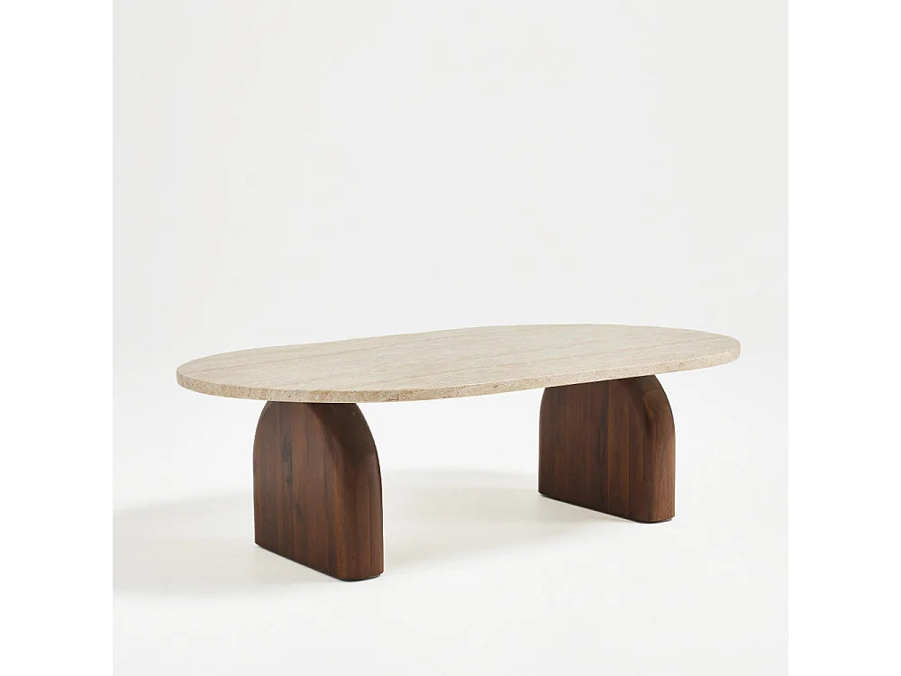 Table basse Japandi effet travertin beige et pieds en acacia 100 x 60 cm - Lipali