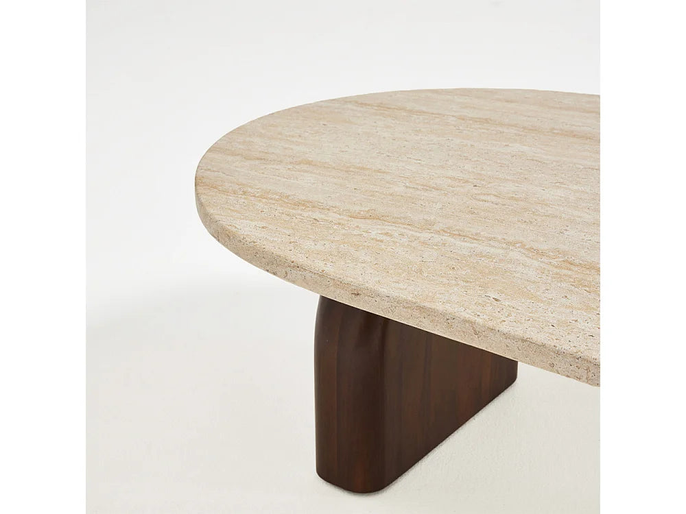 Table basse Japandi effet travertin beige et pieds en acacia 100 x 60 cm - Lipali