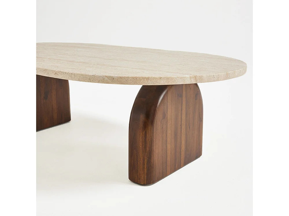 Table basse Japandi effet travertin beige et pieds en acacia 100 x 60 cm - Lipali