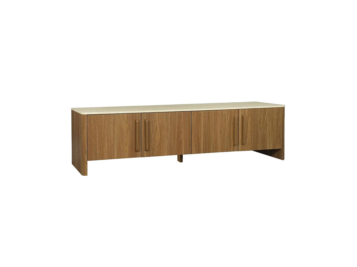 Meuble TV Japandi 4 portes décor noyer et plateau effet travertin 180 x 50 cm - Aretha