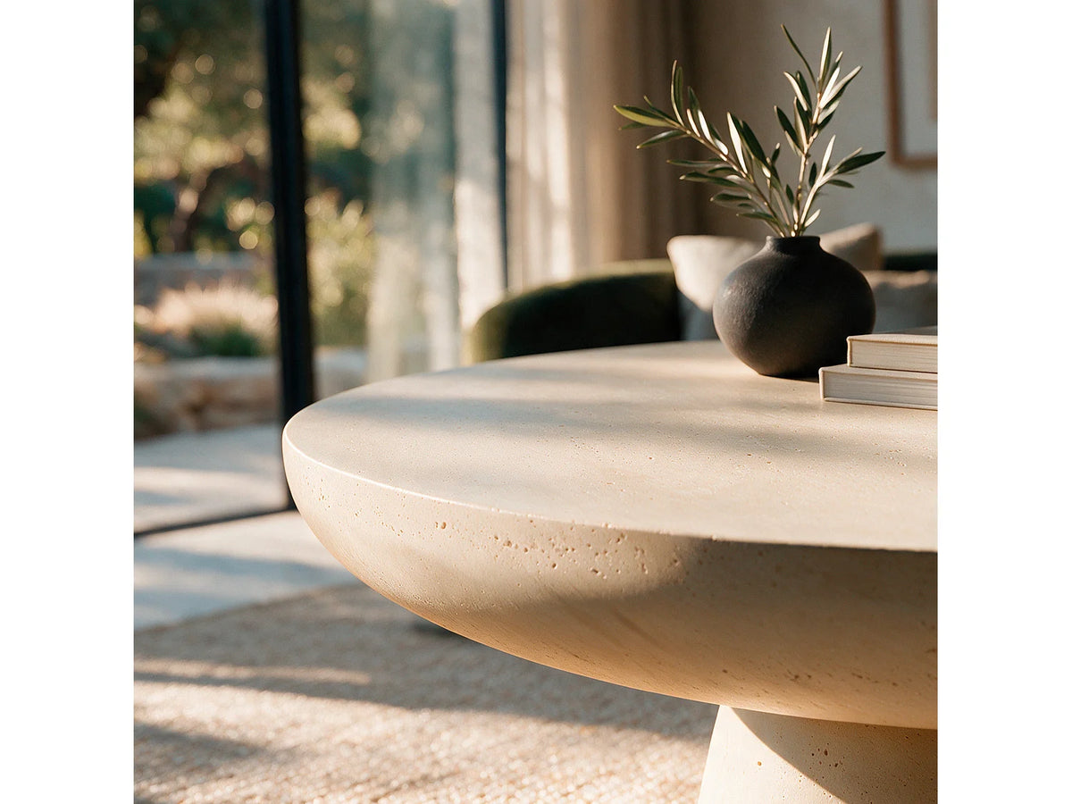 Table basse Japandi ronde en fibre d'argile effet béton beige Ø 90 cm - Paros