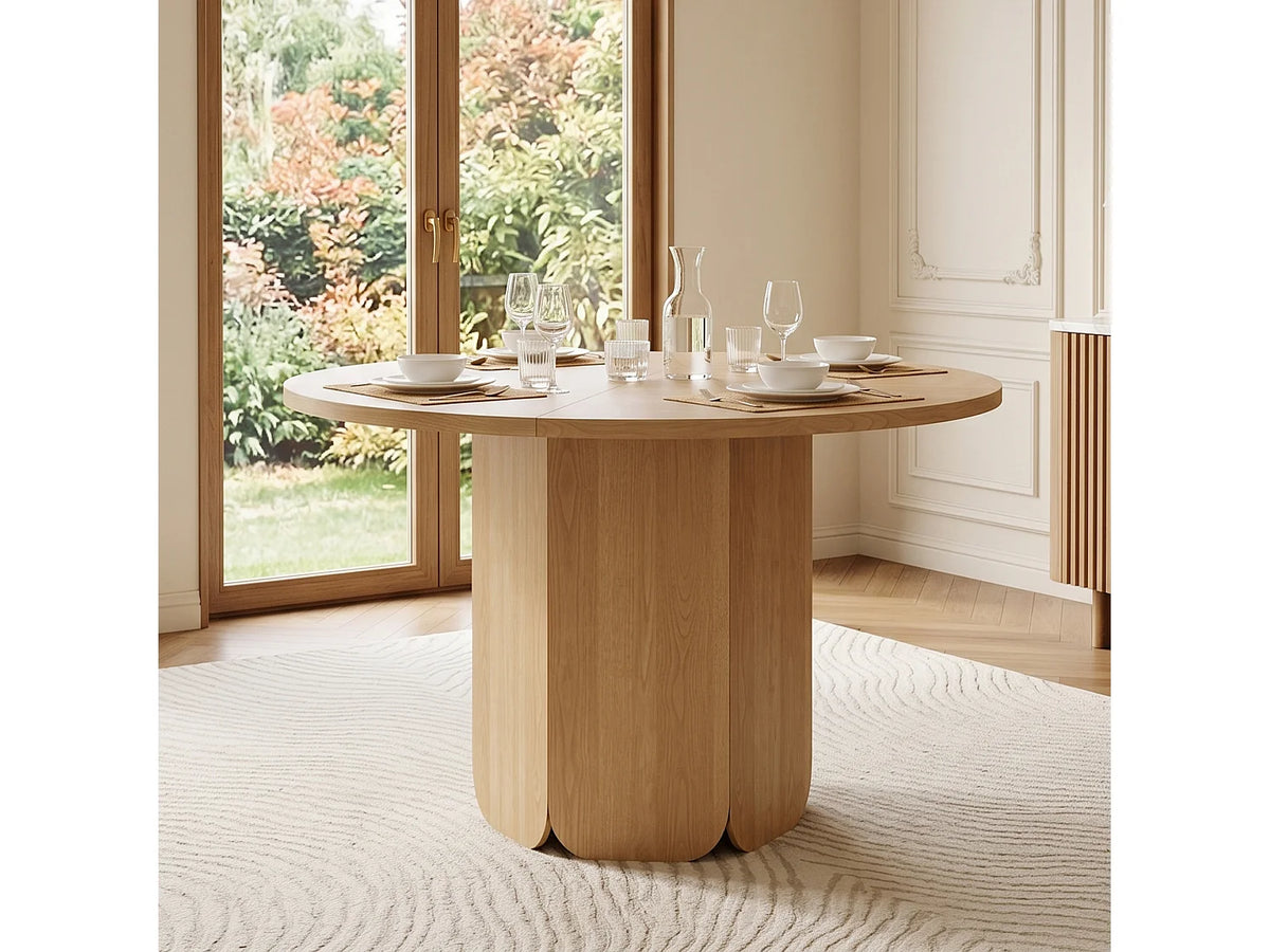 Table à manger ronde Japandi 4 à 6 personnes en MDF chêne naturel clair Ø 120 cm