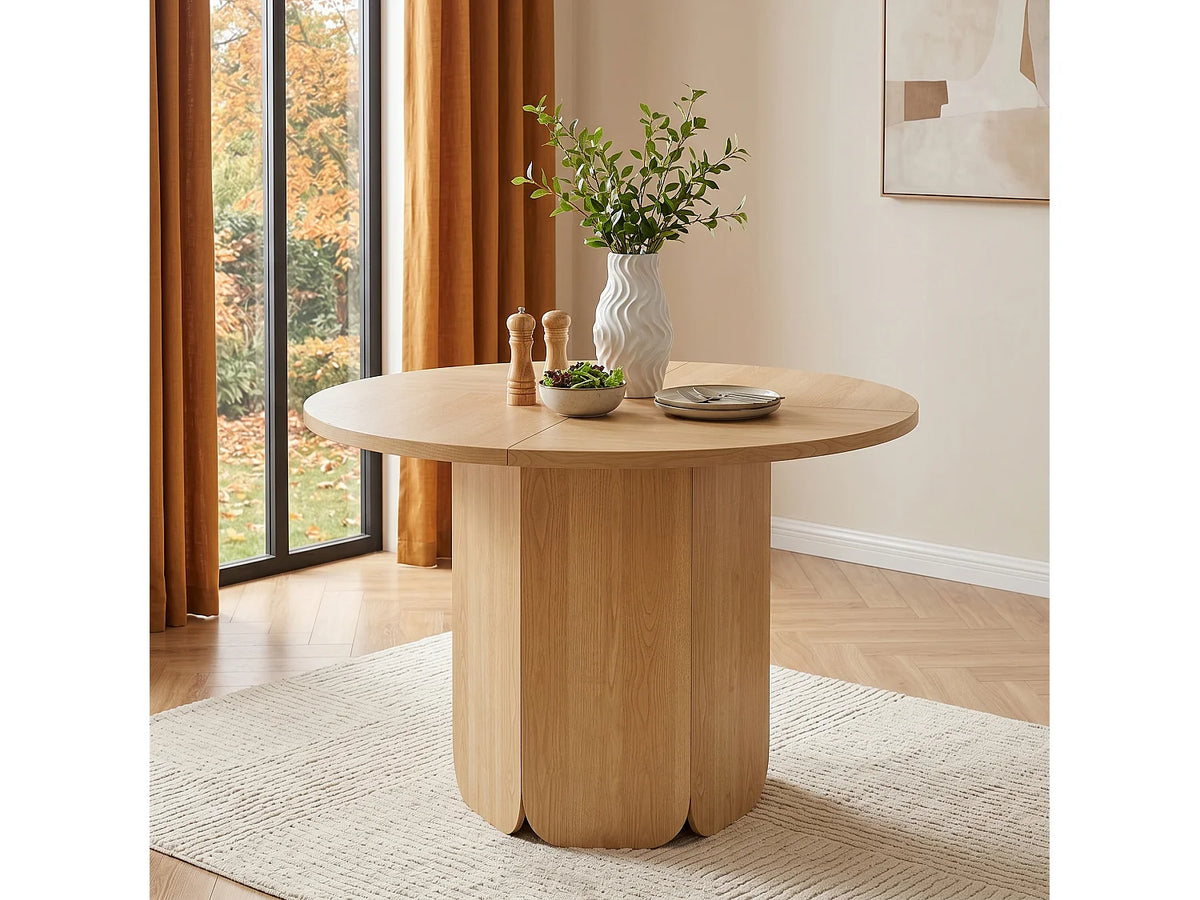 Table à manger ronde Japandi 4 à 6 personnes en MDF chêne naturel clair Ø 120 cm