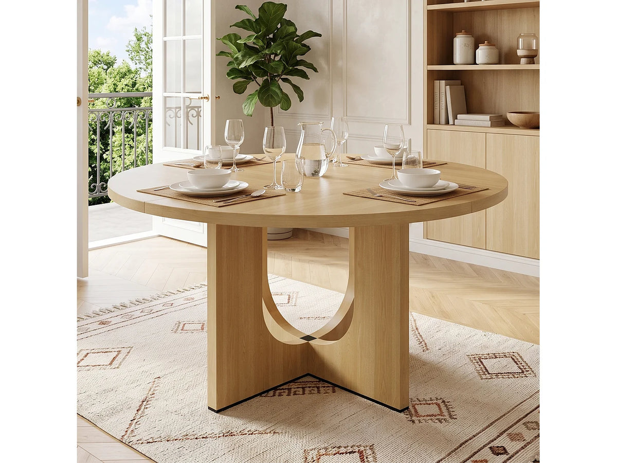 Table à manger ronde Japandi 4 à 6 personnes en MDF chêne Ø 120 cm