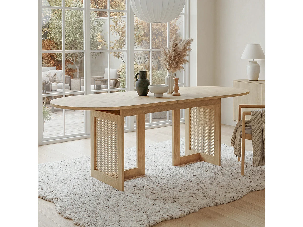 Table à manger ovale Japandi extensible 6 à 8 personnes en MDF chêne et effet rotin 150 x 90 cm