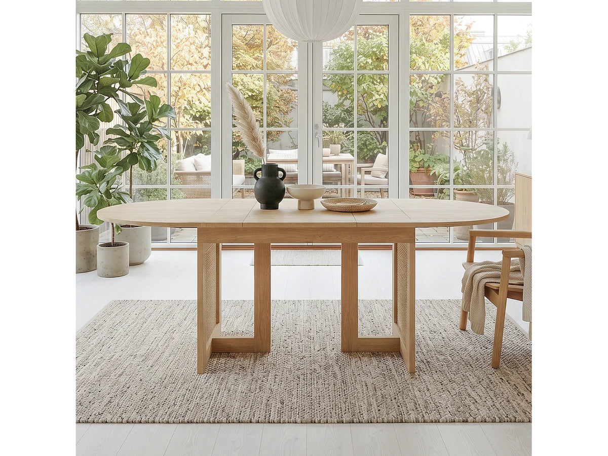Table à manger ovale Japandi extensible 6 à 8 personnes en MDF chêne et effet rotin 150 x 90 cm
