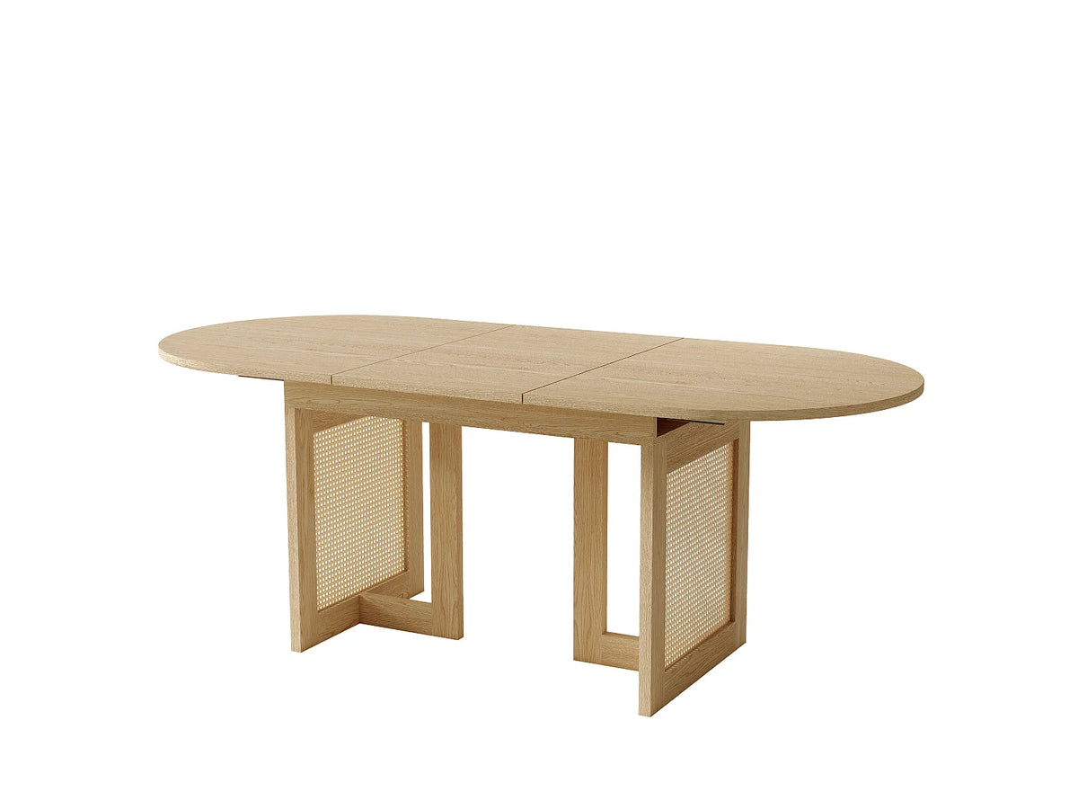 Table à manger ovale Japandi extensible 6 à 8 personnes en MDF chêne et effet rotin 150 x 90 cm