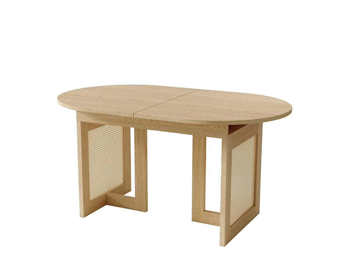 Table à manger ovale Japandi extensible 6 à 8 personnes en MDF chêne et effet rotin 150 x 90 cm
