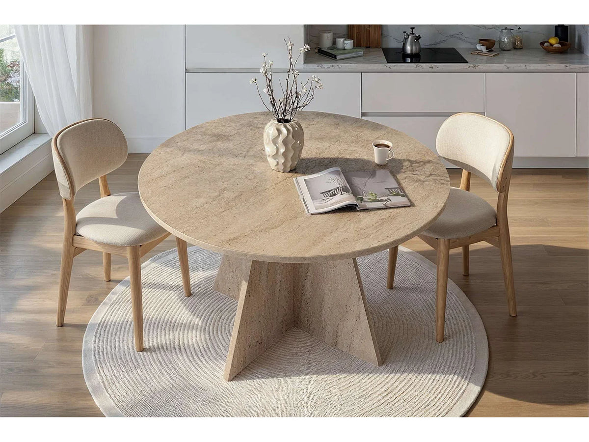 Table à manger ronde Japandi 4 personnes en bois mélaminé effet travertin beige Ø 120 cm - Virella