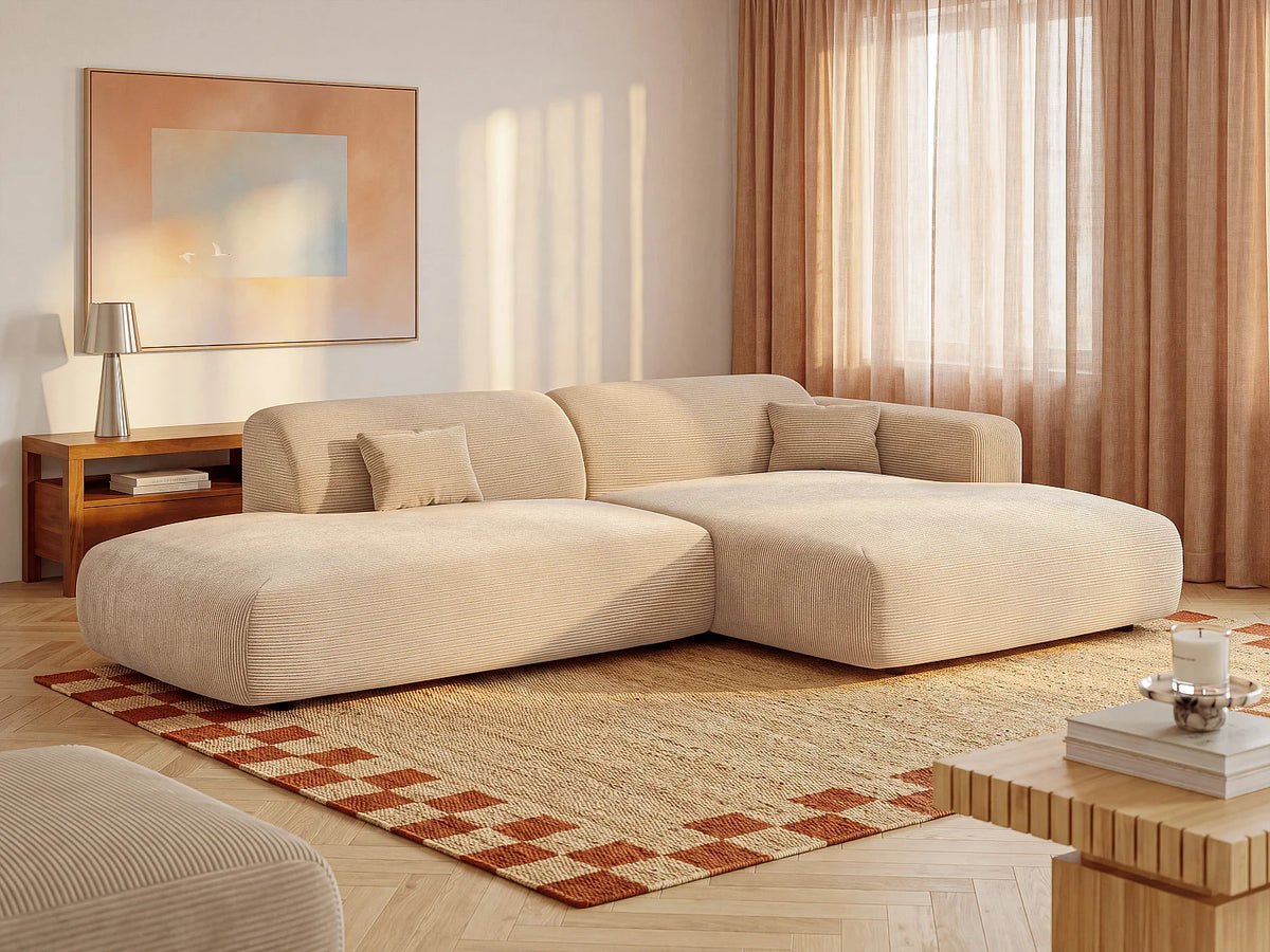 Canapé d'angle Japandi droit ouvert 5 places en velours côtelé fines côtes beige 300 cm - Pogni