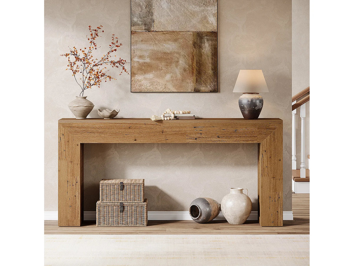 Console Japandi longue en MDF finition bois patiné marron 160 x 80 cm