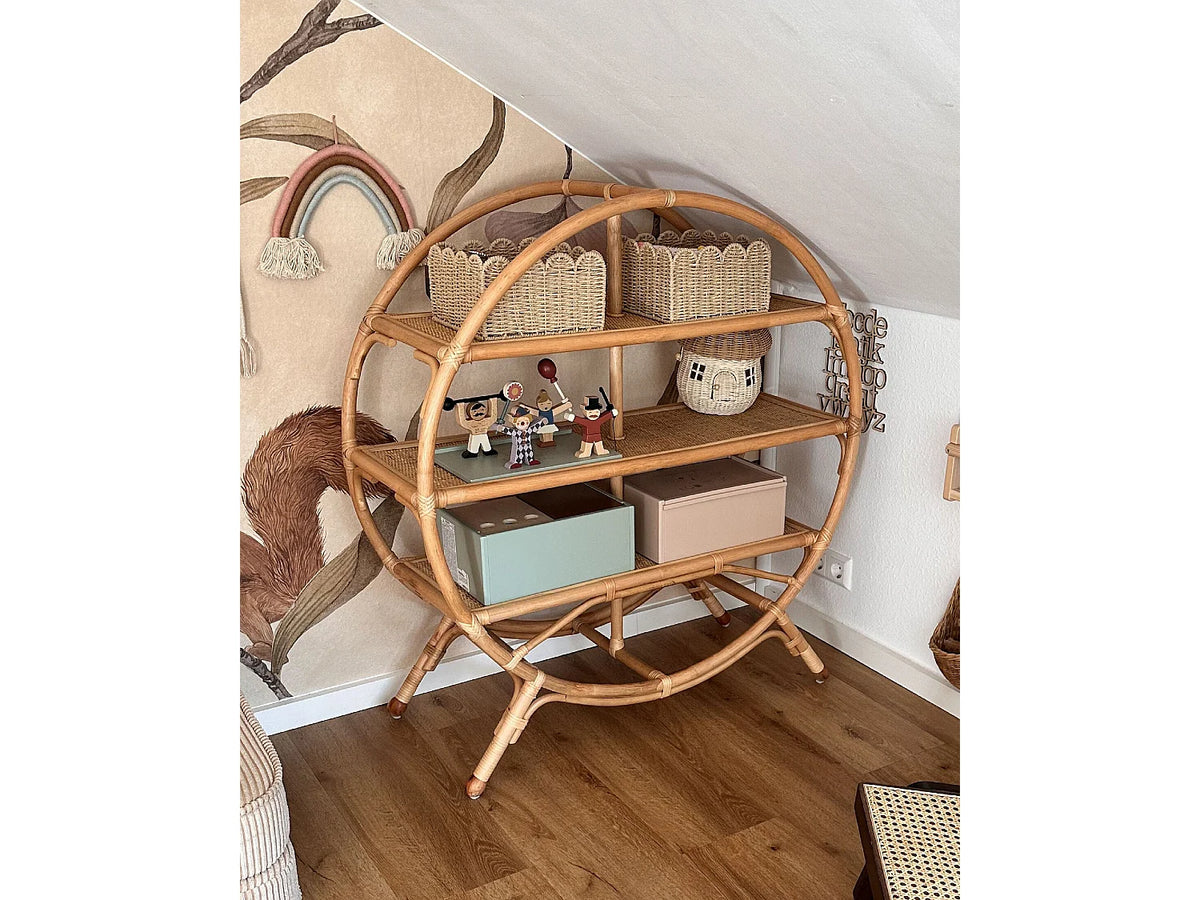 Bibliothèque Japandi ronde 3 tablettes en rotin naturel 100 x 109 cm - Tuvalu