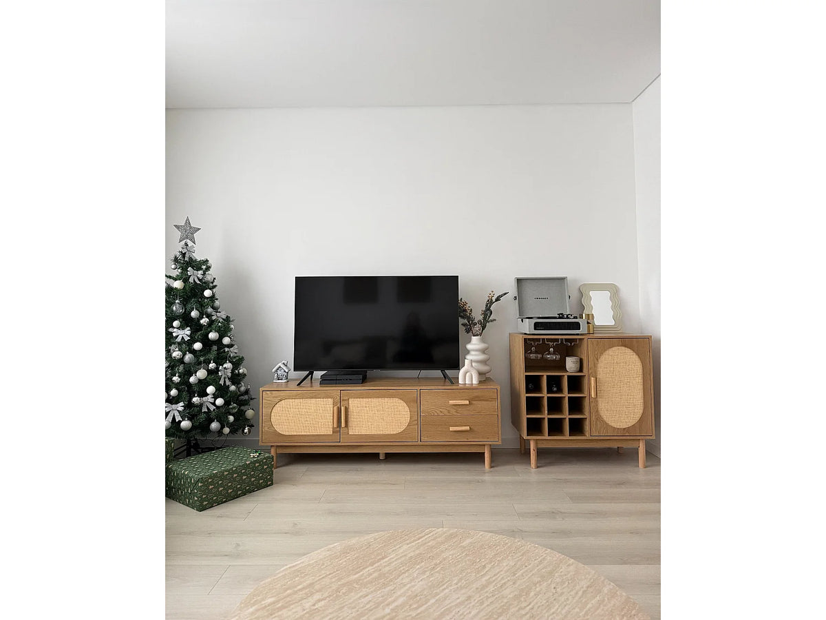 Meuble TV Japandi 2 portes et 2 tiroirs façades en rotin marron clair 150 x 50 cm - Costello