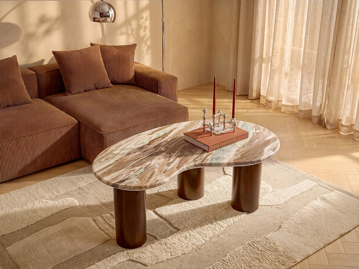 Table basse Japandi organique en marbre beige et bois d'acacia 100 x 55 cm - Dalizay