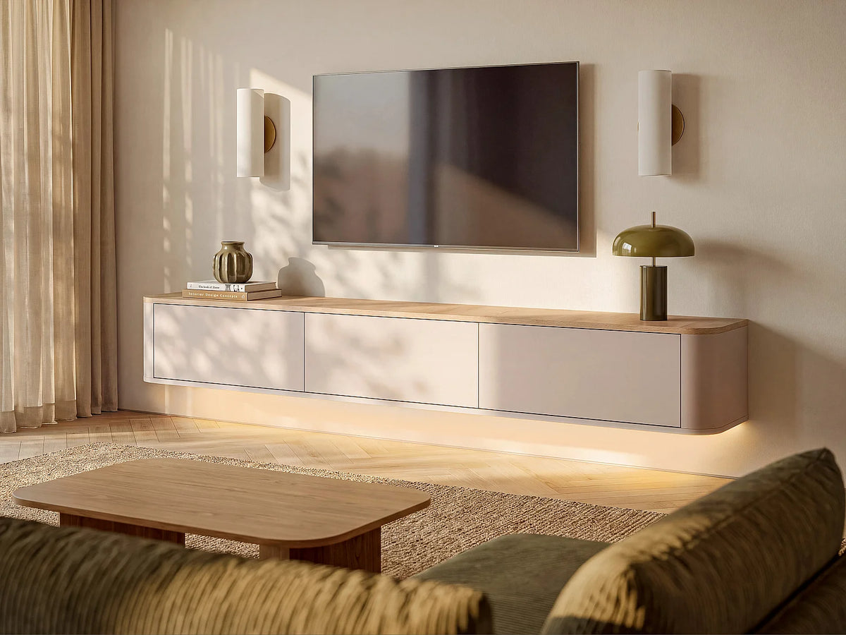 Meuble TV Japandi suspendu 3 portes avec LEDs beige et naturel clair 200 x 28,2 cm - Ajuga