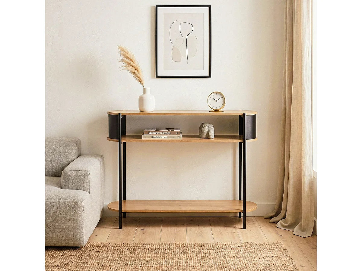 Console Japandi 3 niveaux effet chêne clair et métal noir 100 x 80 cm - Eklo