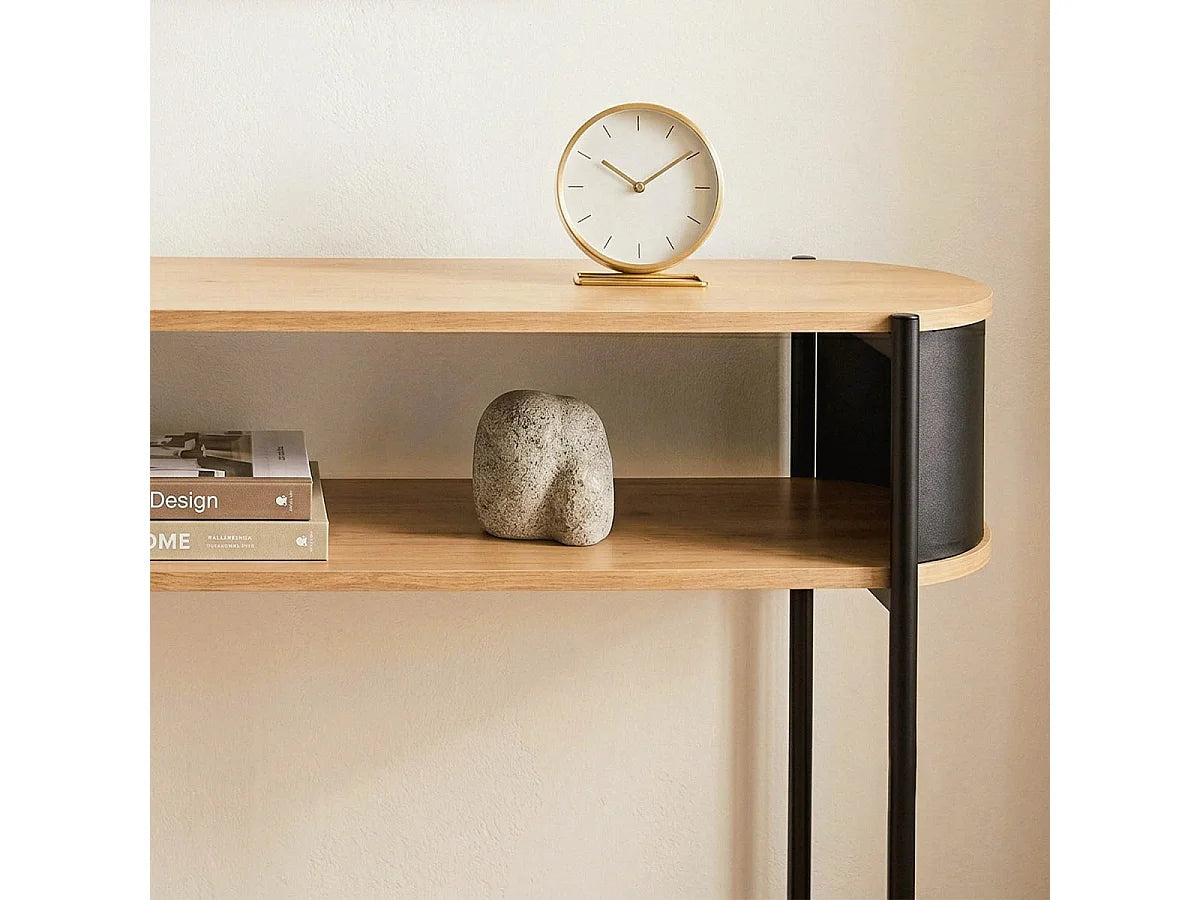 Console Japandi 3 niveaux effet chêne clair et métal noir 100 x 80 cm - Eklo