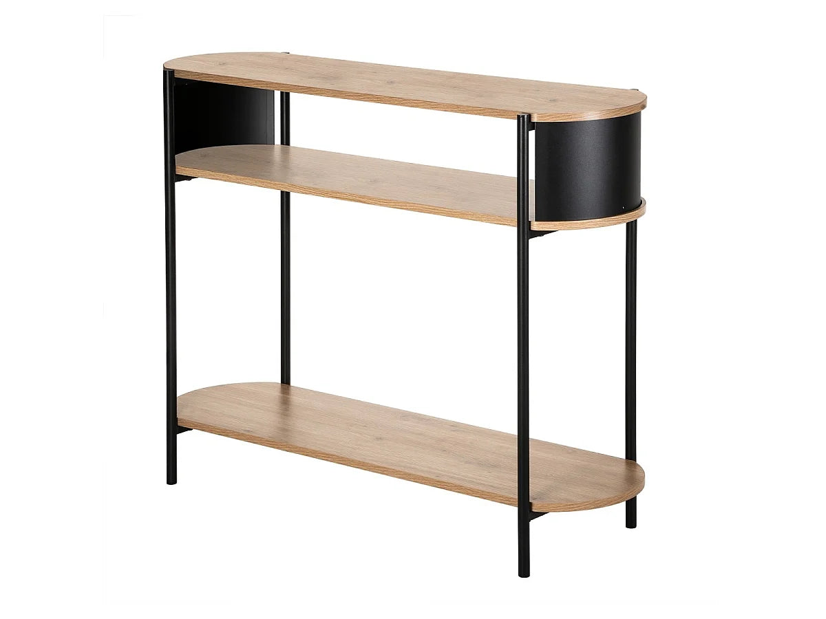 Console Japandi 3 niveaux effet chêne clair et métal noir 100 x 80 cm - Eklo