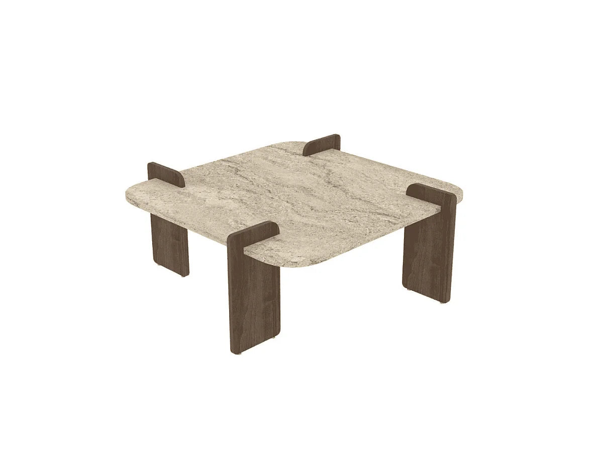 Table basse Japandi carrée à bords arrondis effet travertin et noyer 90 x 90 cm - Origin