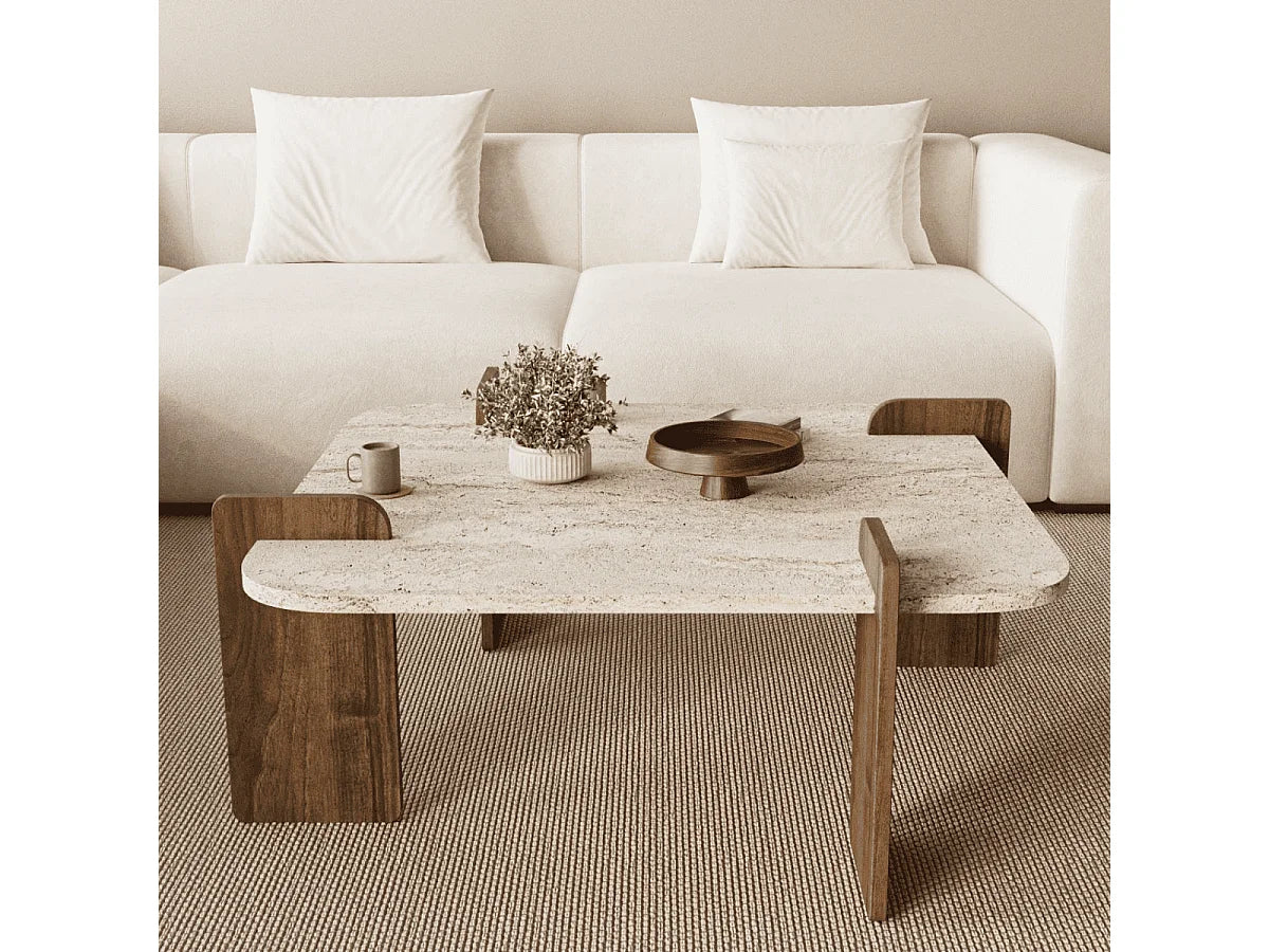 Table basse Japandi carrée à bords arrondis effet travertin et noyer 90 x 90 cm - Origin