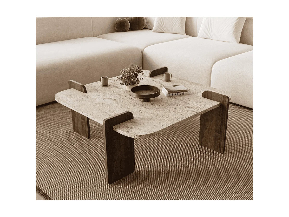 Table basse Japandi carrée à bords arrondis effet travertin et noyer 90 x 90 cm - Origin