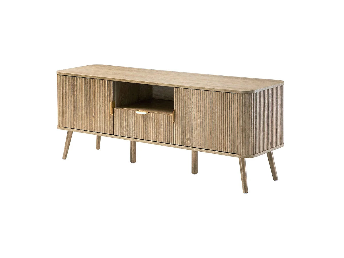 Meuble TV Japandi 2 portes, 1 tiroir et 1 niche cannelé effet chêne 140 x 56 cm - Maho