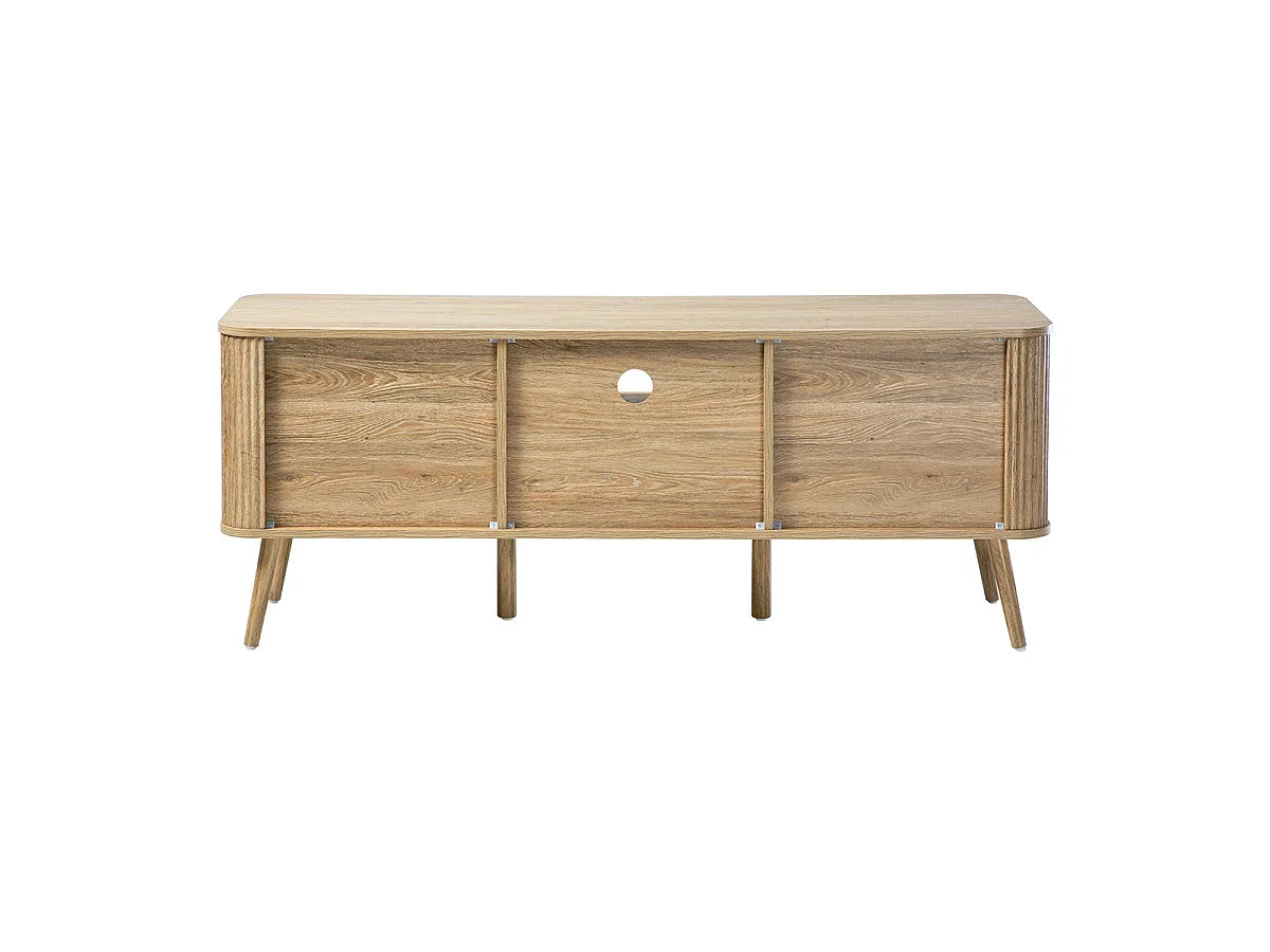 Meuble TV Japandi 2 portes, 1 tiroir et 1 niche cannelé effet chêne 140 x 56 cm - Maho