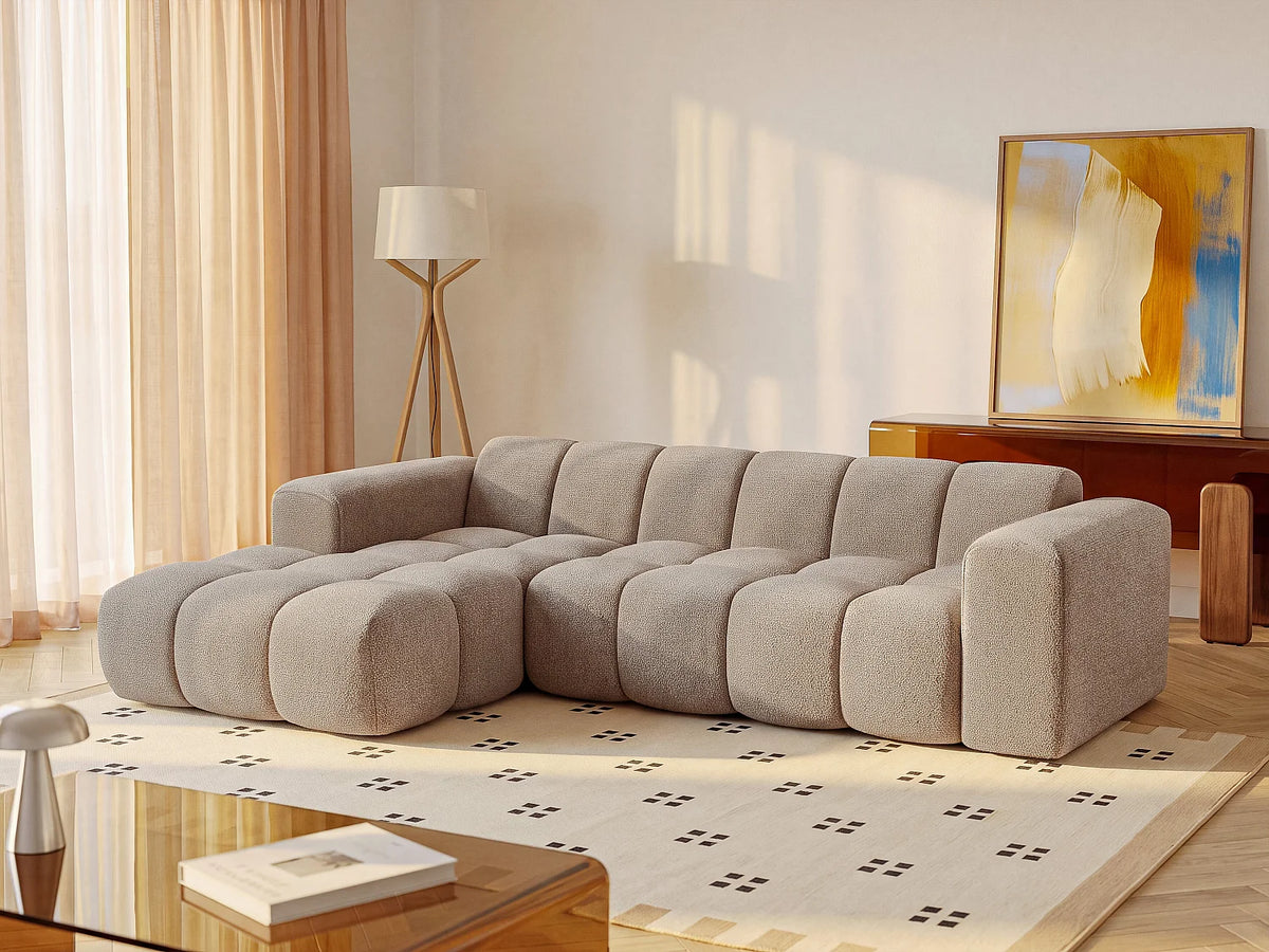 Canapé d'angle Japandi gauche 4 places en tissu chenille taupe 284 cm - Caleso