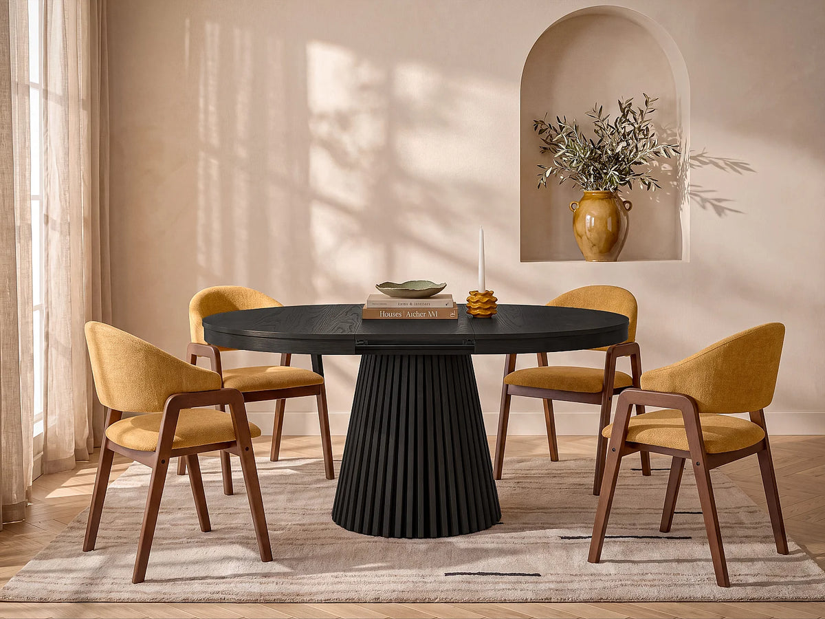 Table à manger ronde Japandi extensible 4 à 6 personnes placage chêne noir Ø 120 cm - Carmiza