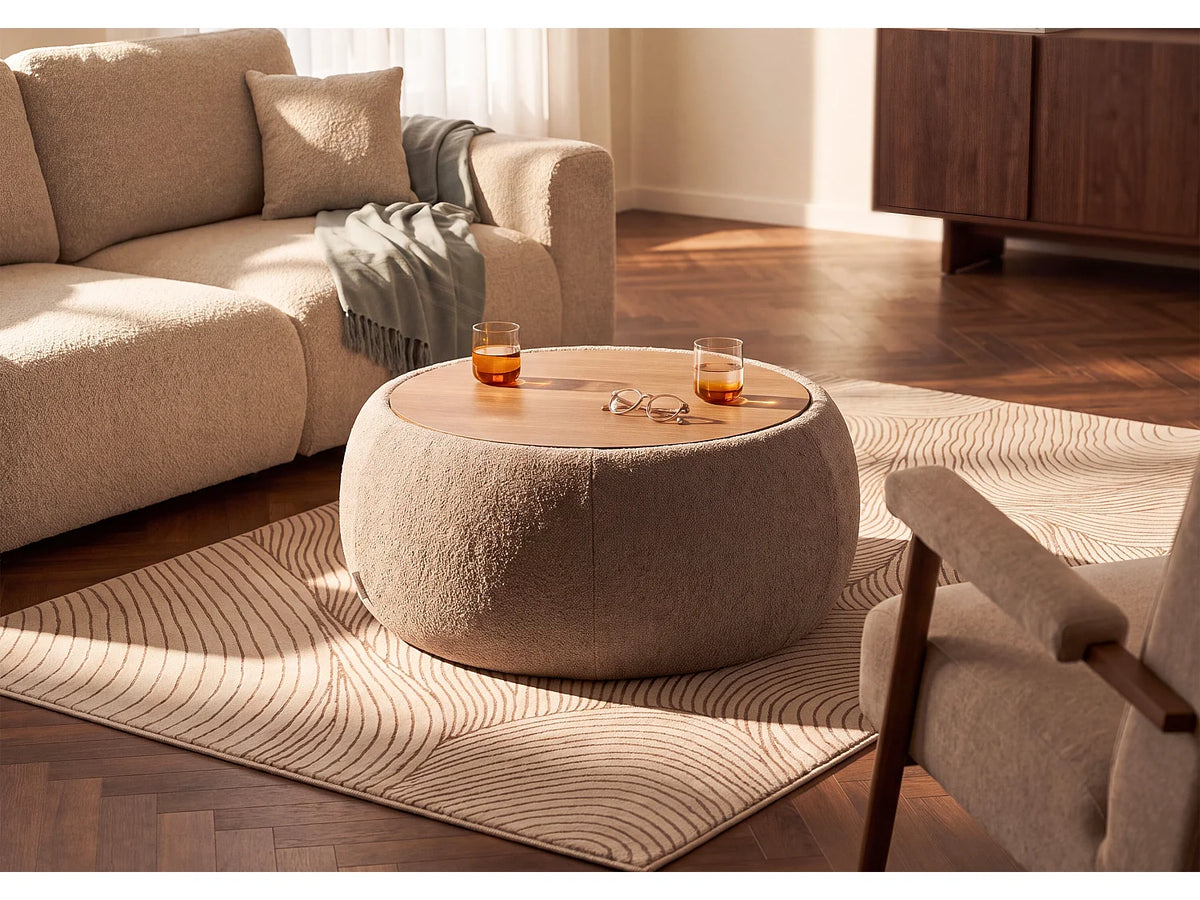 Table basse Japandi ronde avec coffre de rangement en tissu bouclette taupe Ø 85 cm - Sorieli