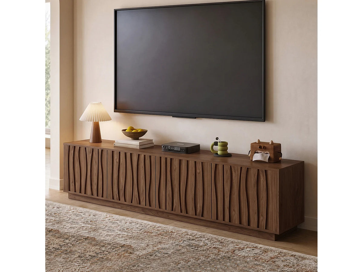 Meuble TV Japandi 4 portes push to open façade 3D effet noyer 200 x 49,5 cm