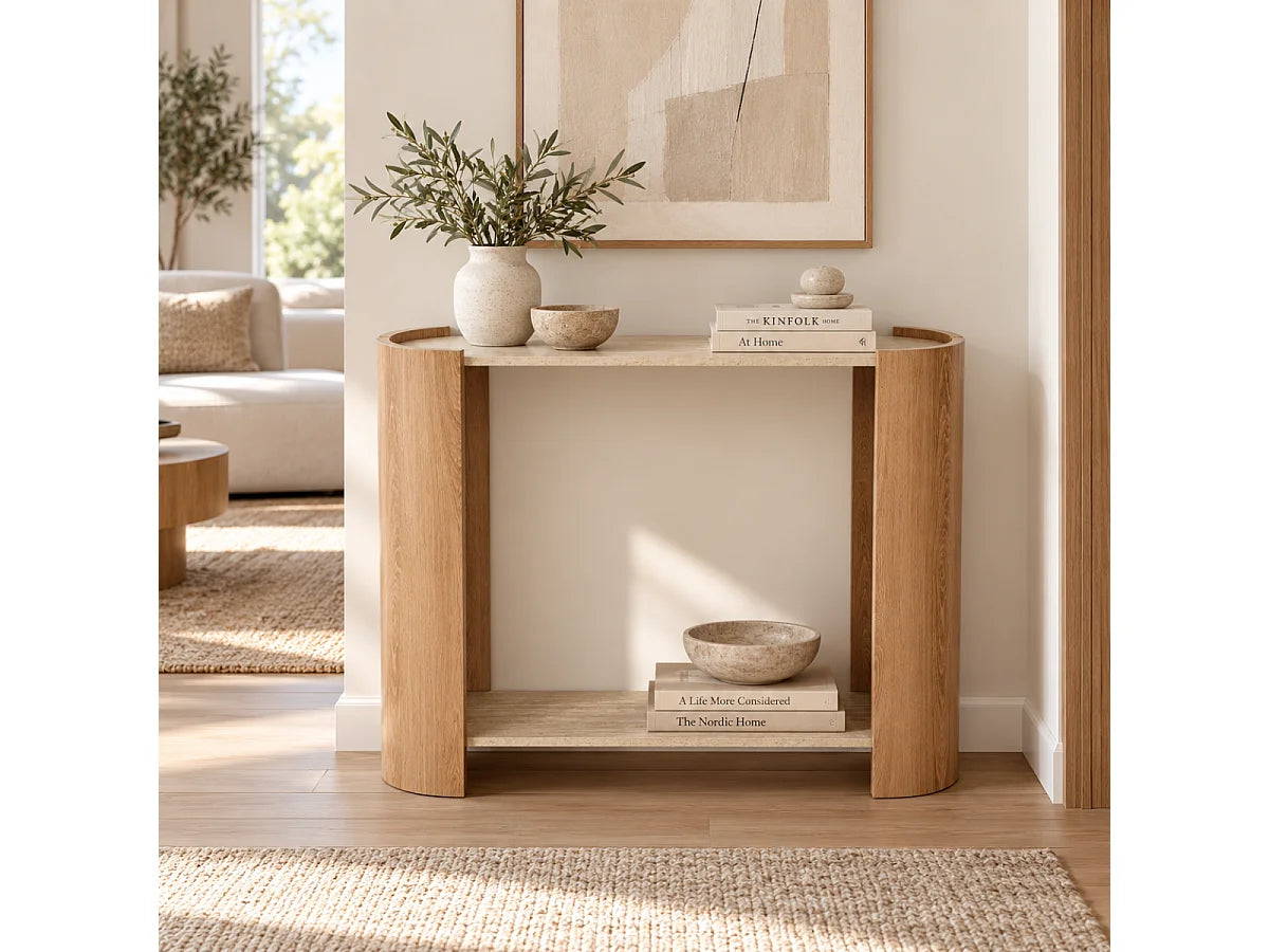 Console Japandi 2 niveaux décor travertin et bois 100 x 80 cm - Izia