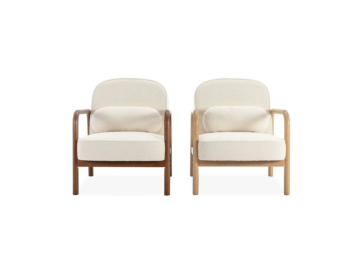Fauteuil Japandi à dossier arrondi en bois d'hévéa et bouclette crème - Amelie
