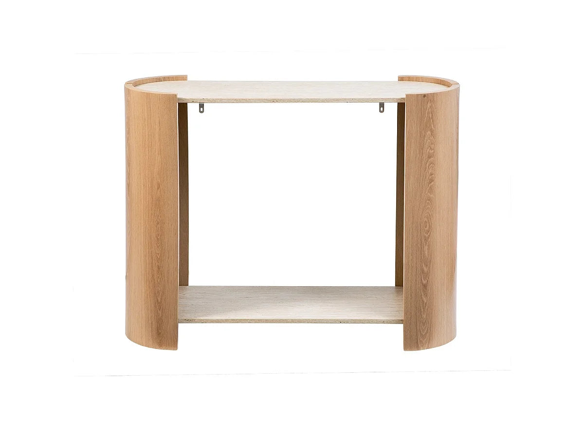 Console Japandi 2 niveaux décor travertin et bois 100 x 80 cm - Izia