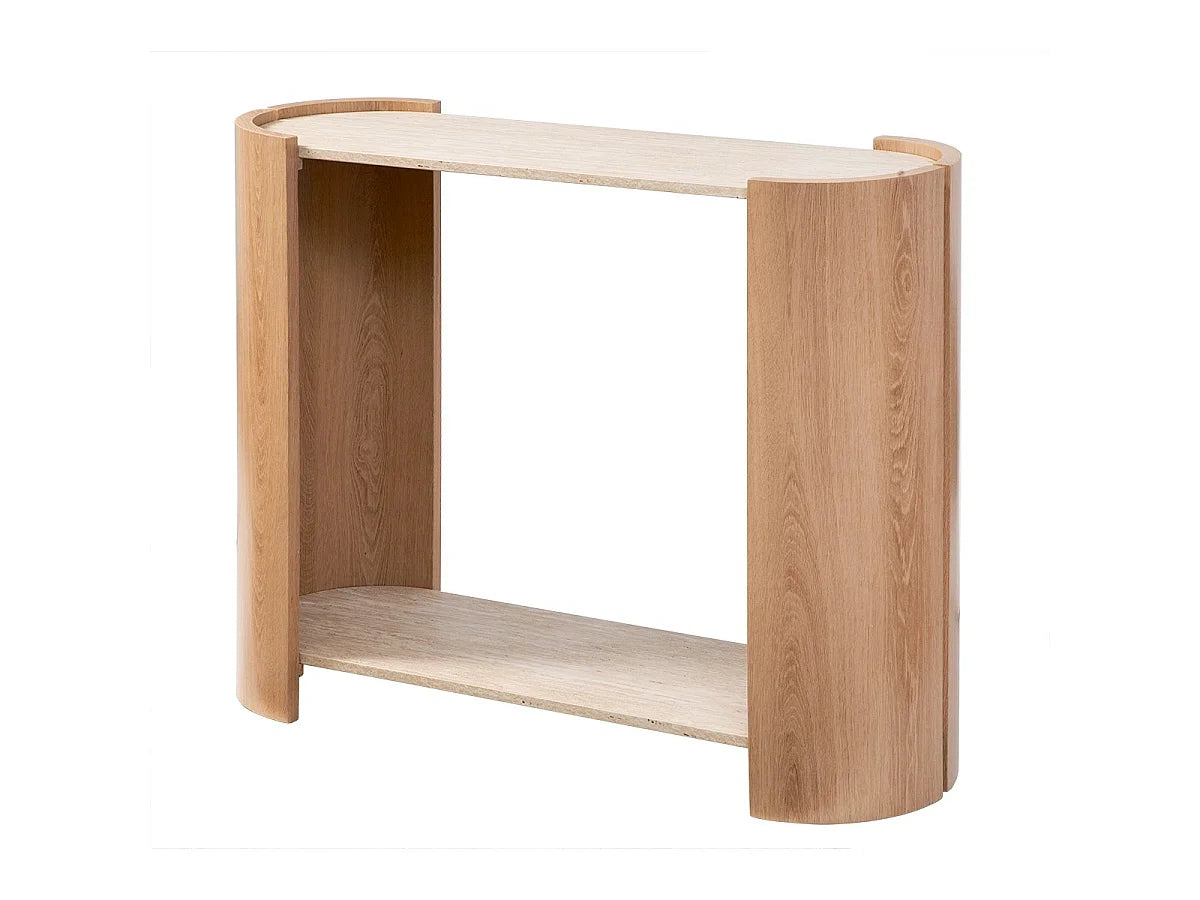Console Japandi 2 niveaux décor travertin et bois 100 x 80 cm - Izia