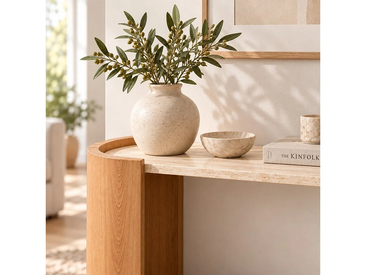 Console Japandi 2 niveaux décor travertin et bois 100 x 80 cm - Izia