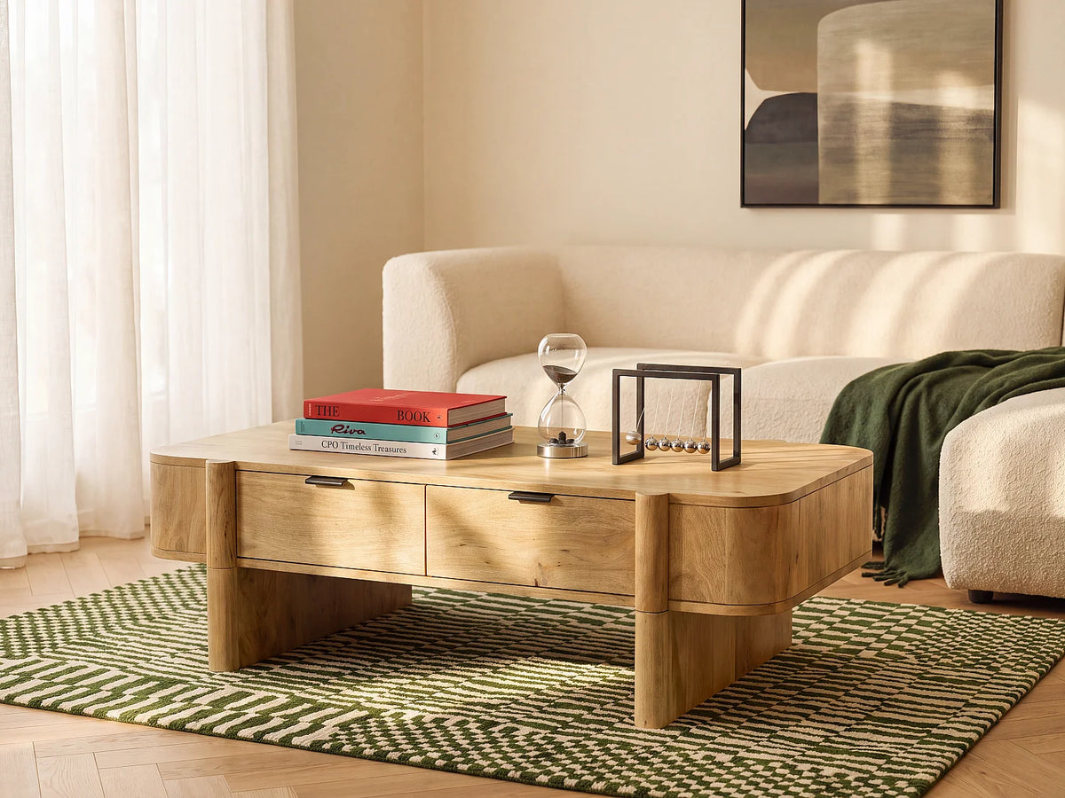 Table basse Japandi avec 2 tiroirs en bois de manguier naturel clair 120 x 70 cm - Melyran