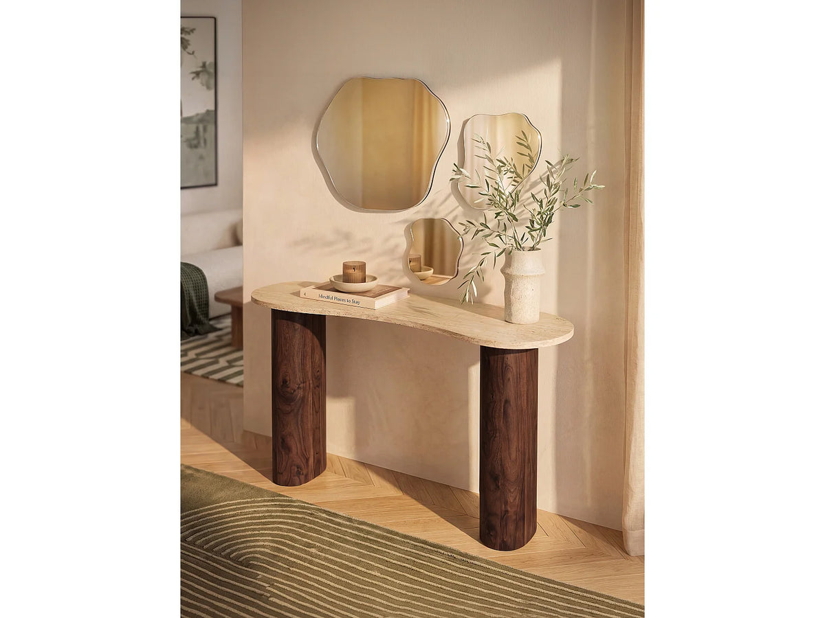 Console Japandi organique en MDF effet travertin beige et naturel foncé 120 x 80 cm - Alozya