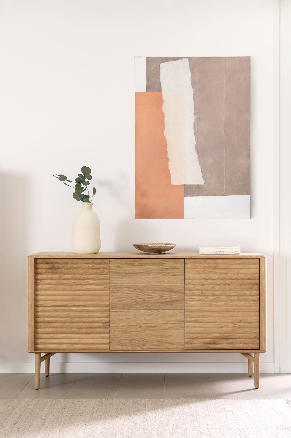Buffet Japandi 2 portes et 3 tiroirs en bois et placage de chêne 155 x 86 cm - Lenon