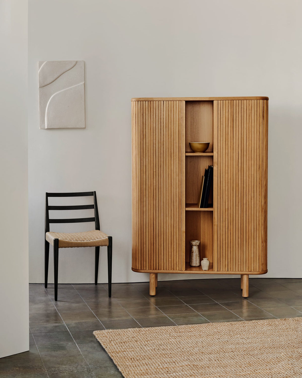 Buffet haut Japandi 2 portes en placage de frêne finition naturelle 110 x 160 cm - Mailen