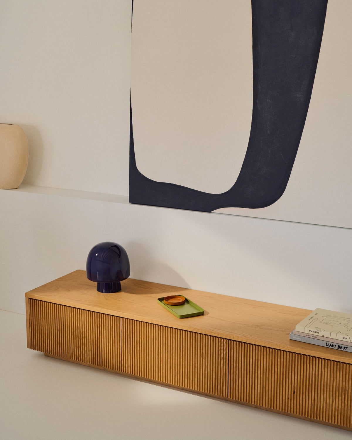 Meuble TV Japandi 4 tiroirs en placage de chêne 200 x 30 cm - Helvine
